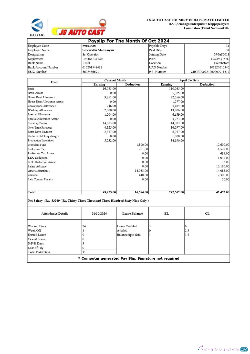 Download JS Auto Cast Foundry India payslip template in Word and PDF formats.pdf, 1 Photoshop template